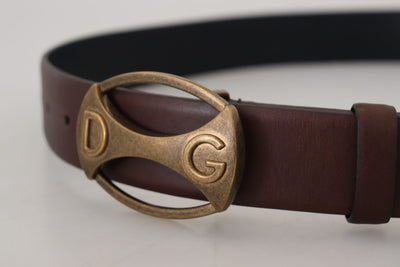 Brown Leather Gold Logo Metal Oval Belt