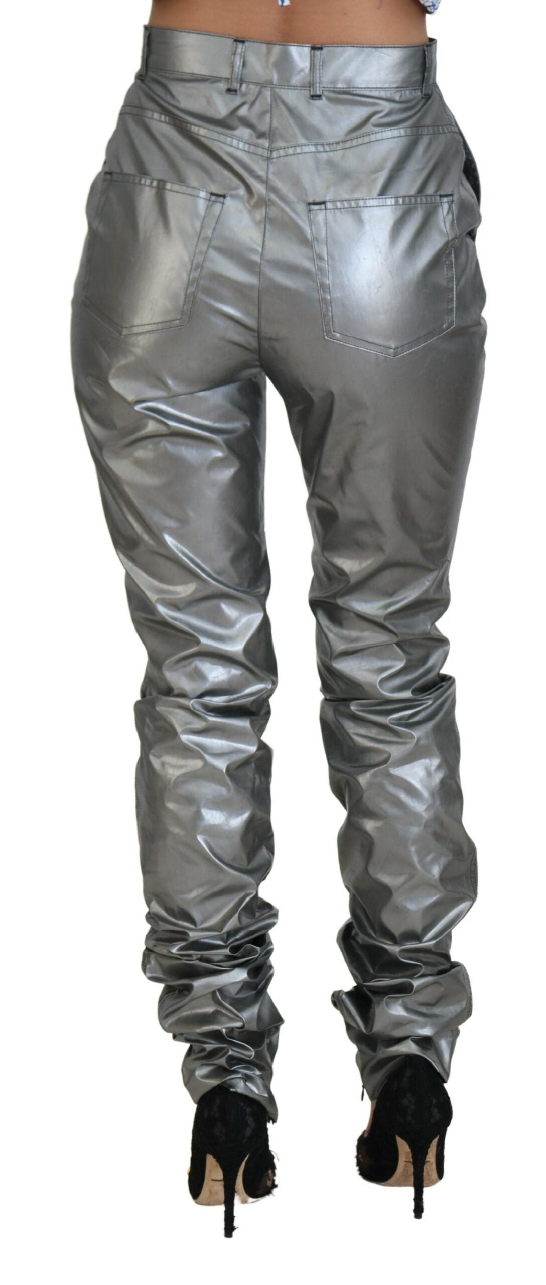 Metallic Silver High Waist Skinny Pants