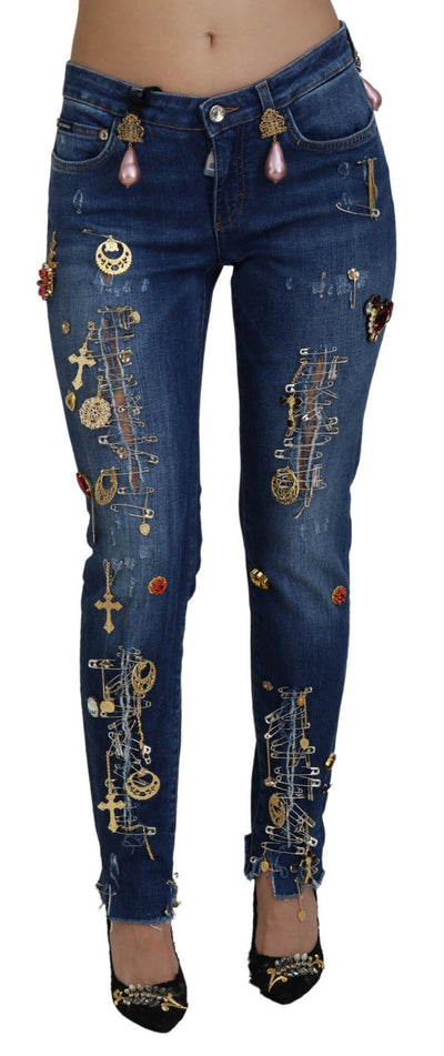 Blue Crystal Pins Slim Fit Denim Cotton Jeans