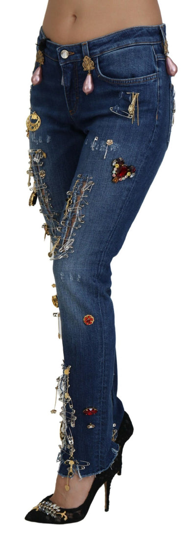 Blue Crystal Pins Slim Fit Denim Cotton Jeans