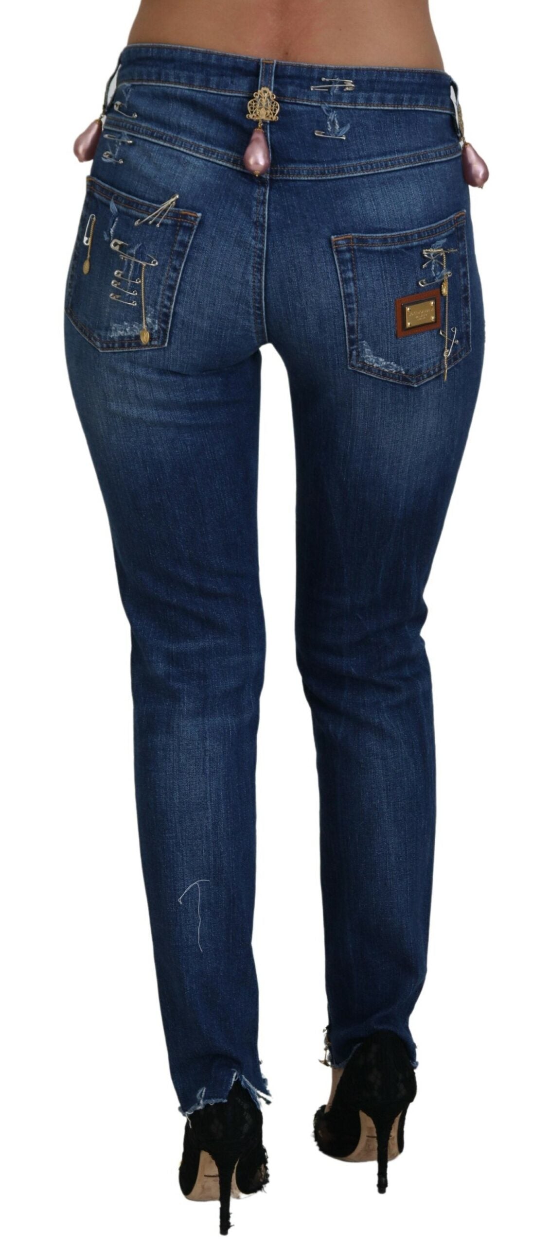 Blue Crystal Pins Slim Fit Denim Cotton Jeans