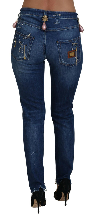 Blue Crystal Pins Slim Fit Denim Cotton Jeans