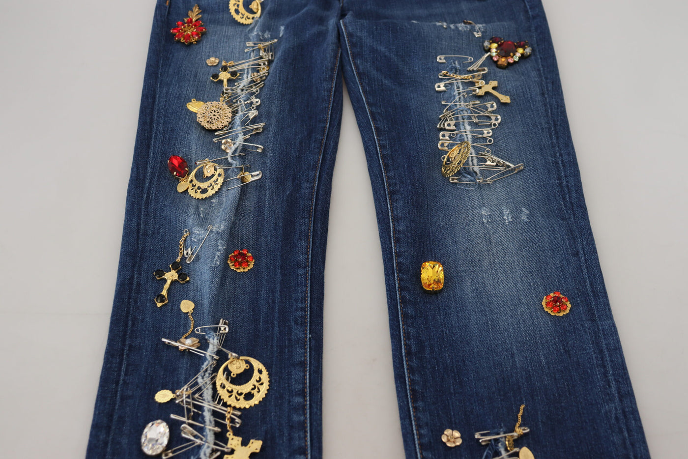 Blue Crystal Pins Slim Fit Denim Cotton Jeans