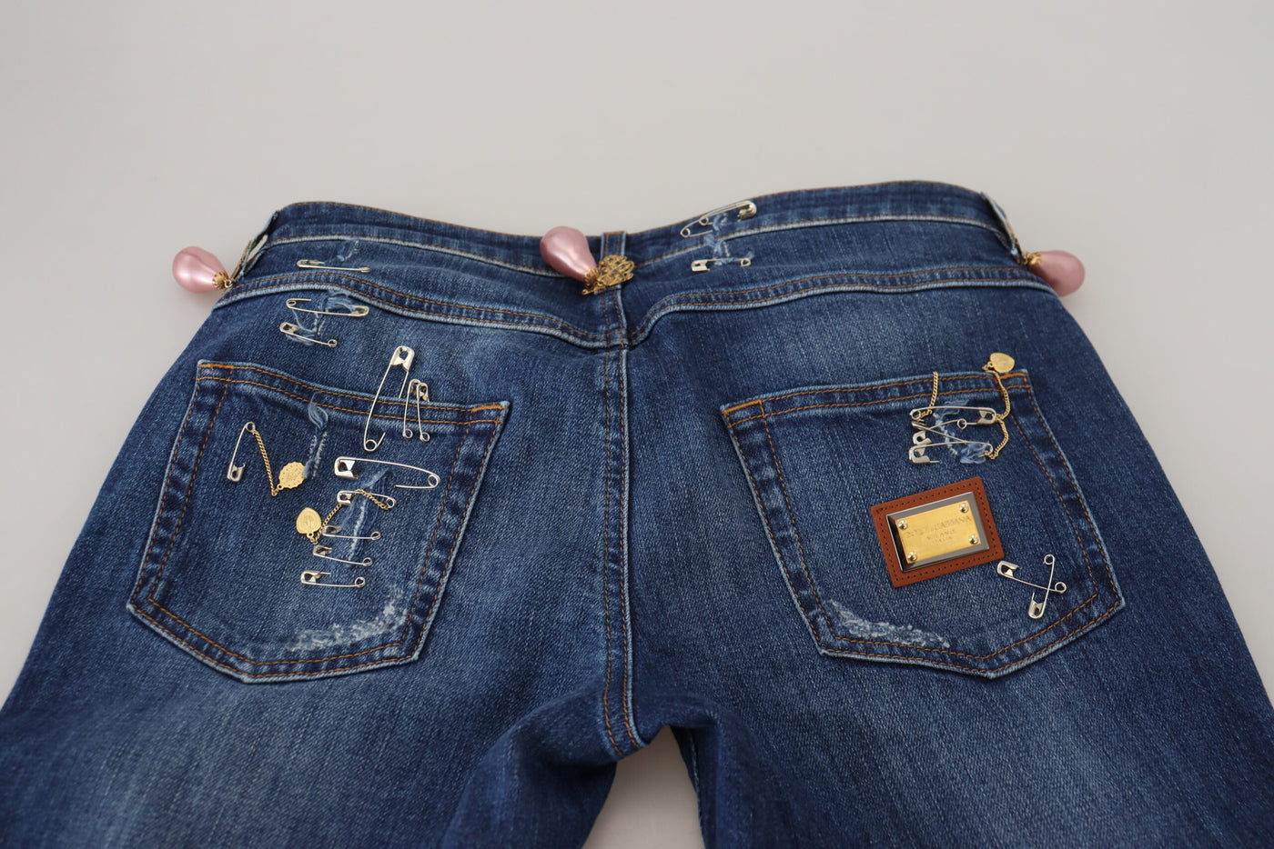 Blue Crystal Pins Slim Fit Denim Cotton Jeans