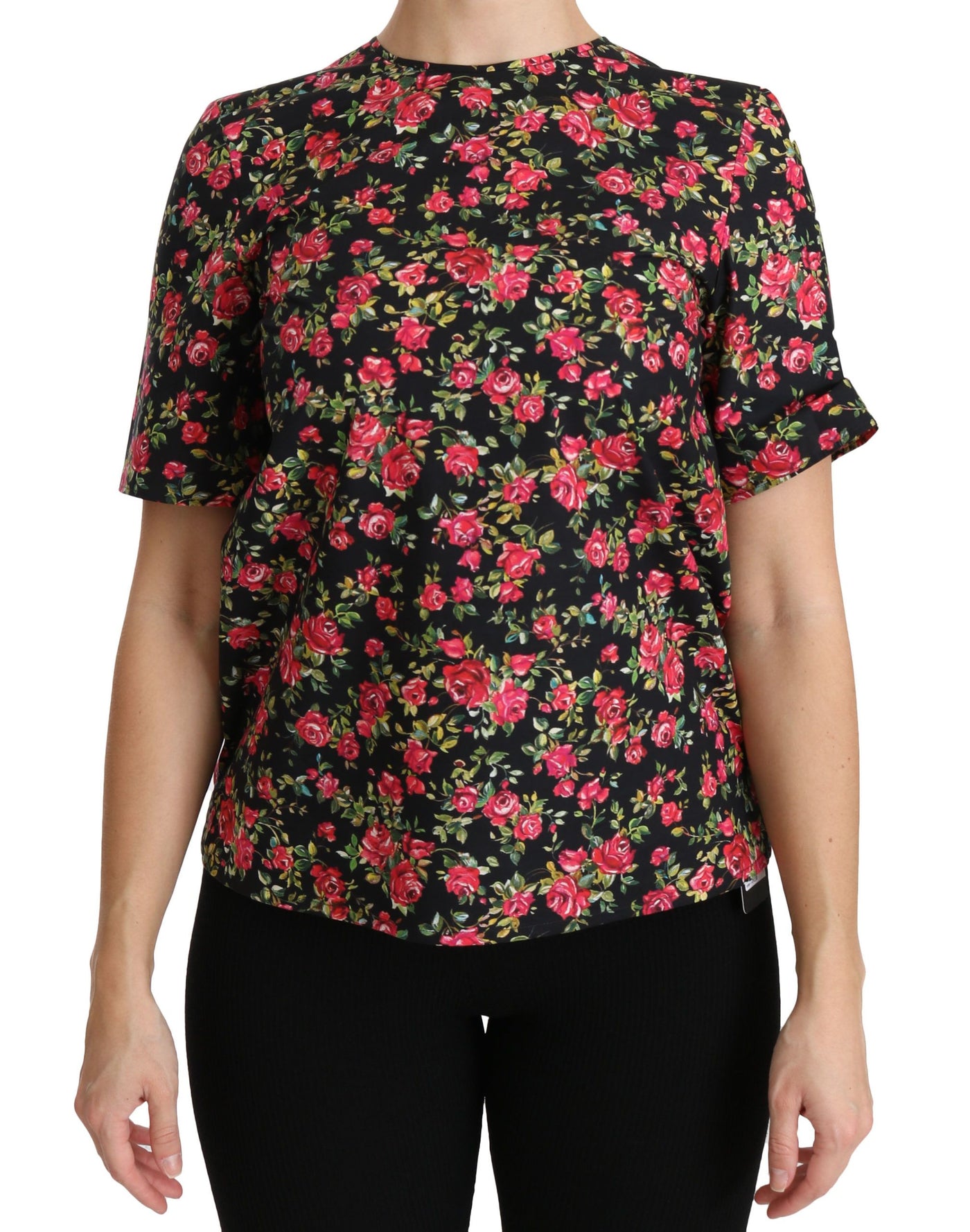 Black Floral Roses Short Sleeve Top Blouse