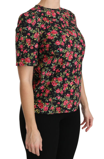 Black Floral Roses Short Sleeve Top Blouse