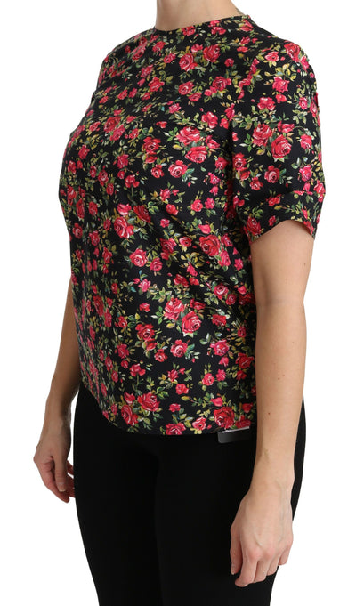 Black Floral Roses Short Sleeve Top Blouse