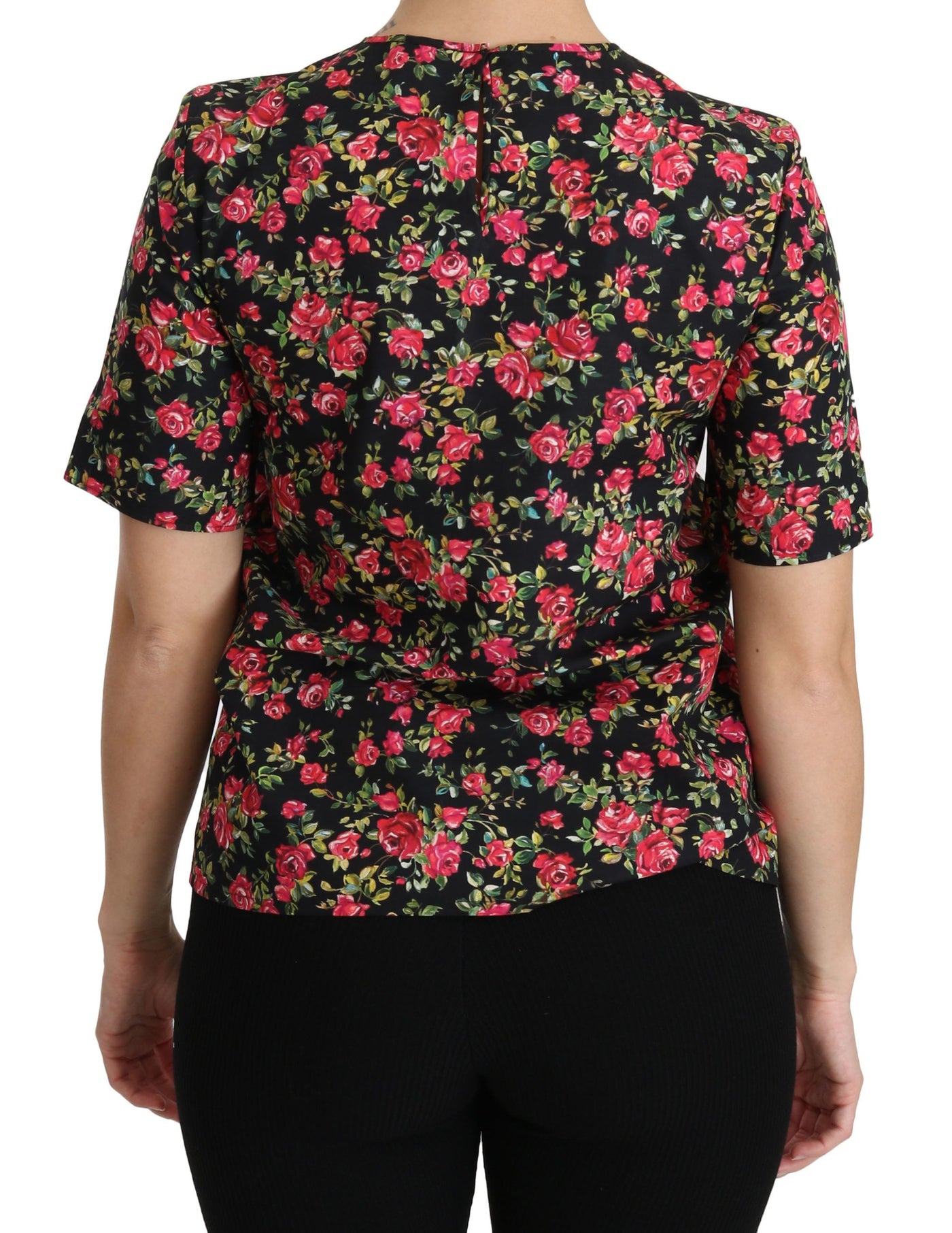 Black Floral Roses Short Sleeve Top Blouse