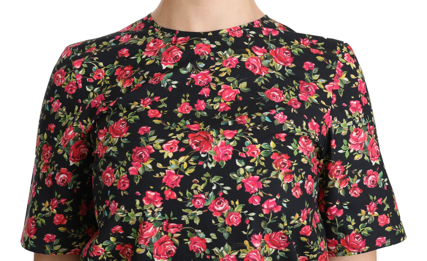 Black Floral Roses Short Sleeve Top Blouse