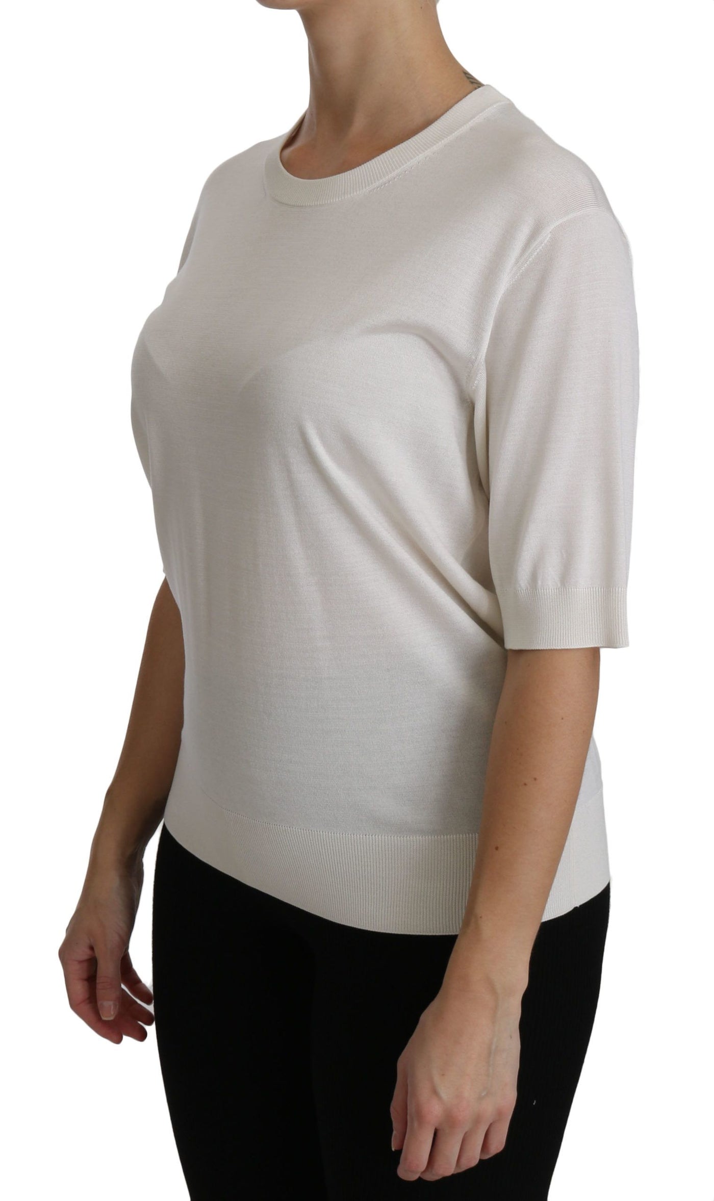 Silk White Crew Neck Short Sleeve Top Blouse