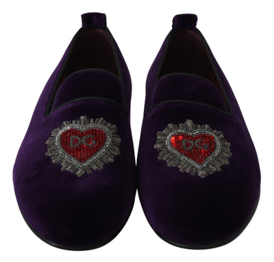 Purple Velvet Flats Heart Loafers Shoes