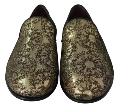 Gold Jacquard Flats Mens Loafers Shoes