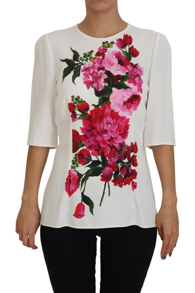 White Floral Print Round Neck Blouse Top