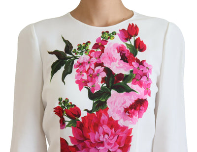 White Floral Print Round Neck Blouse Top