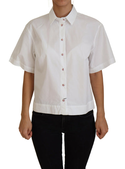 White Cotton Button Front Short Sleeve Top