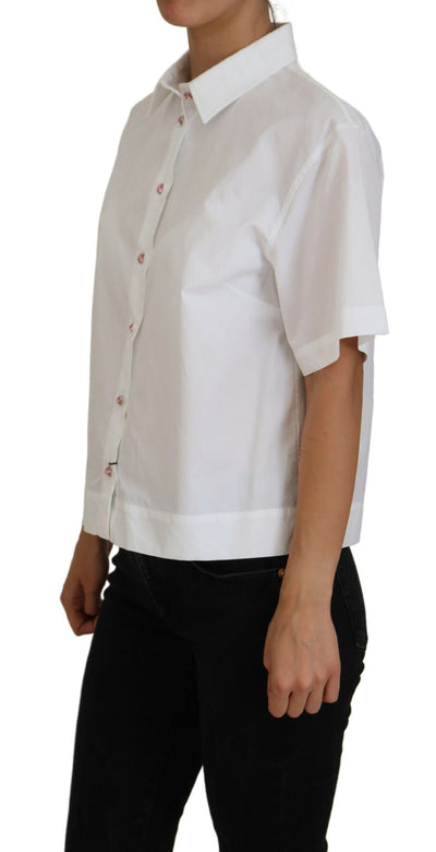 White Cotton Button Front Short Sleeve Top