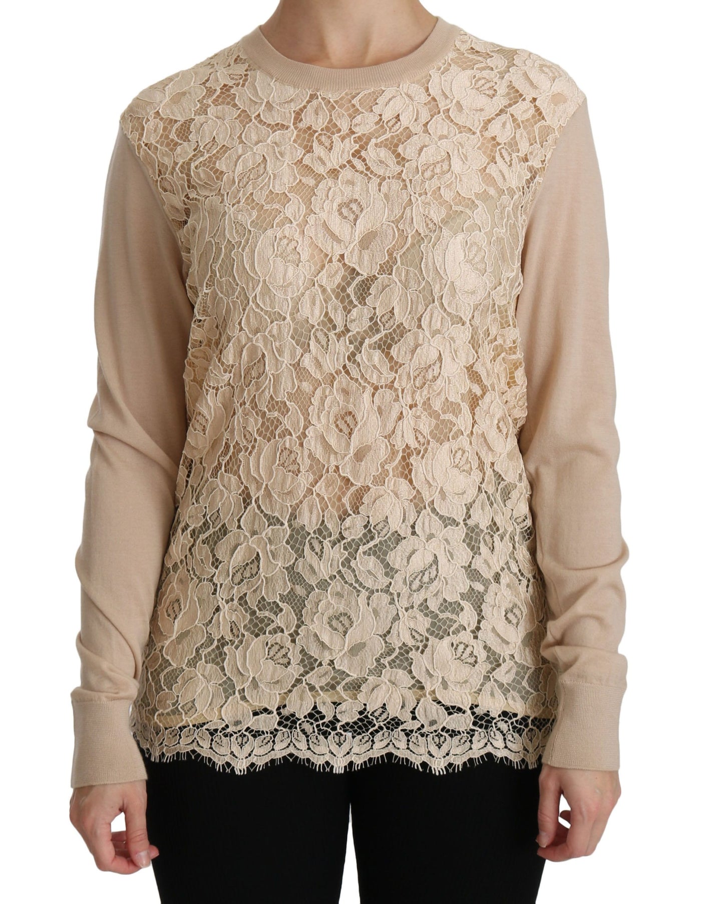 Beige Lace Long Sleeve Top Cashmere Blouse