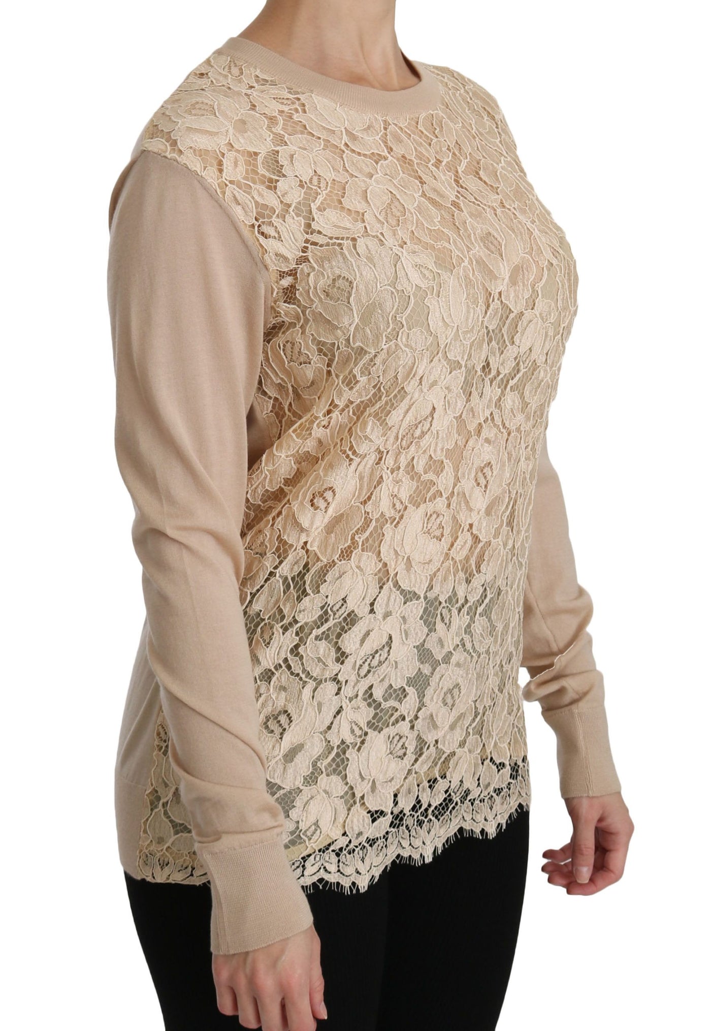 Beige Lace Long Sleeve Top Cashmere Blouse