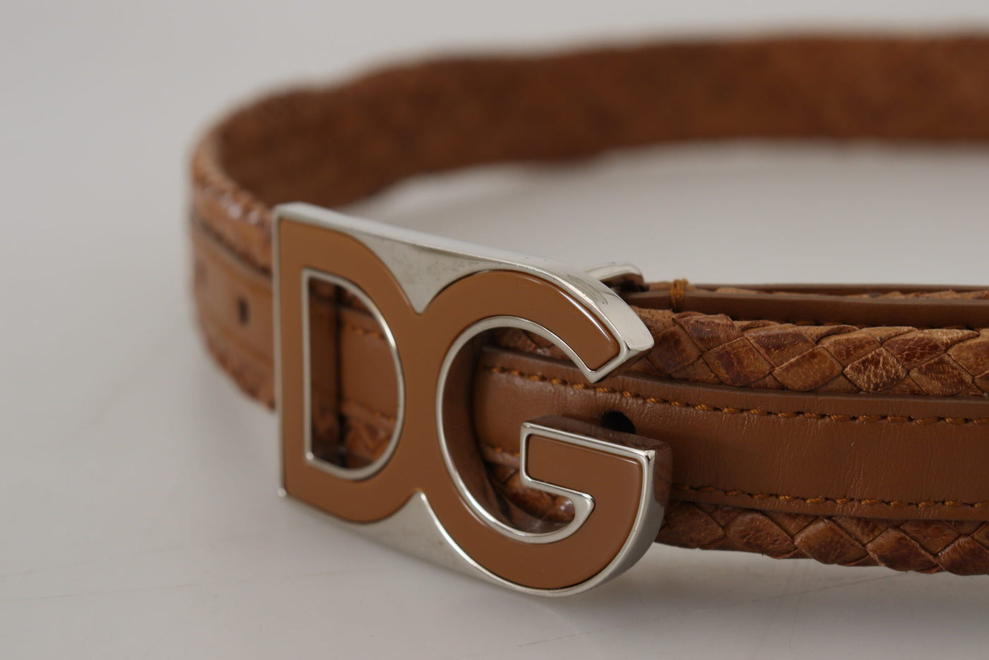 Brown Weaved Leather DG Logo Metal Buckle