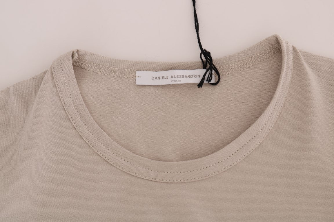 Beige Cotton Stretch Crew Neck T-shirt