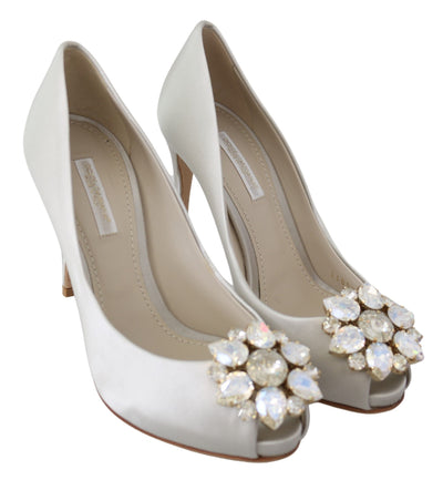 White Crystals Peep Toe Heels Satin Pumps Shoes