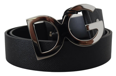 Black Leather Silver Logo Metal Buckle Belt