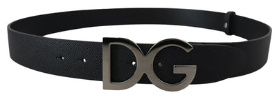 Black Leather Silver Logo Metal Buckle Belt