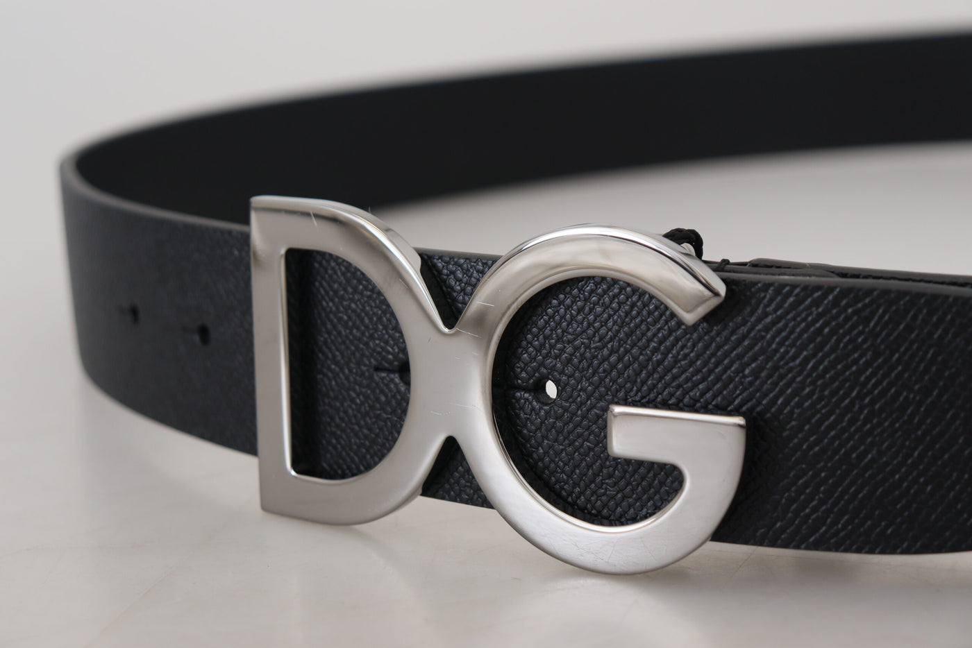 Black Leather Silver Logo Metal Buckle Belt