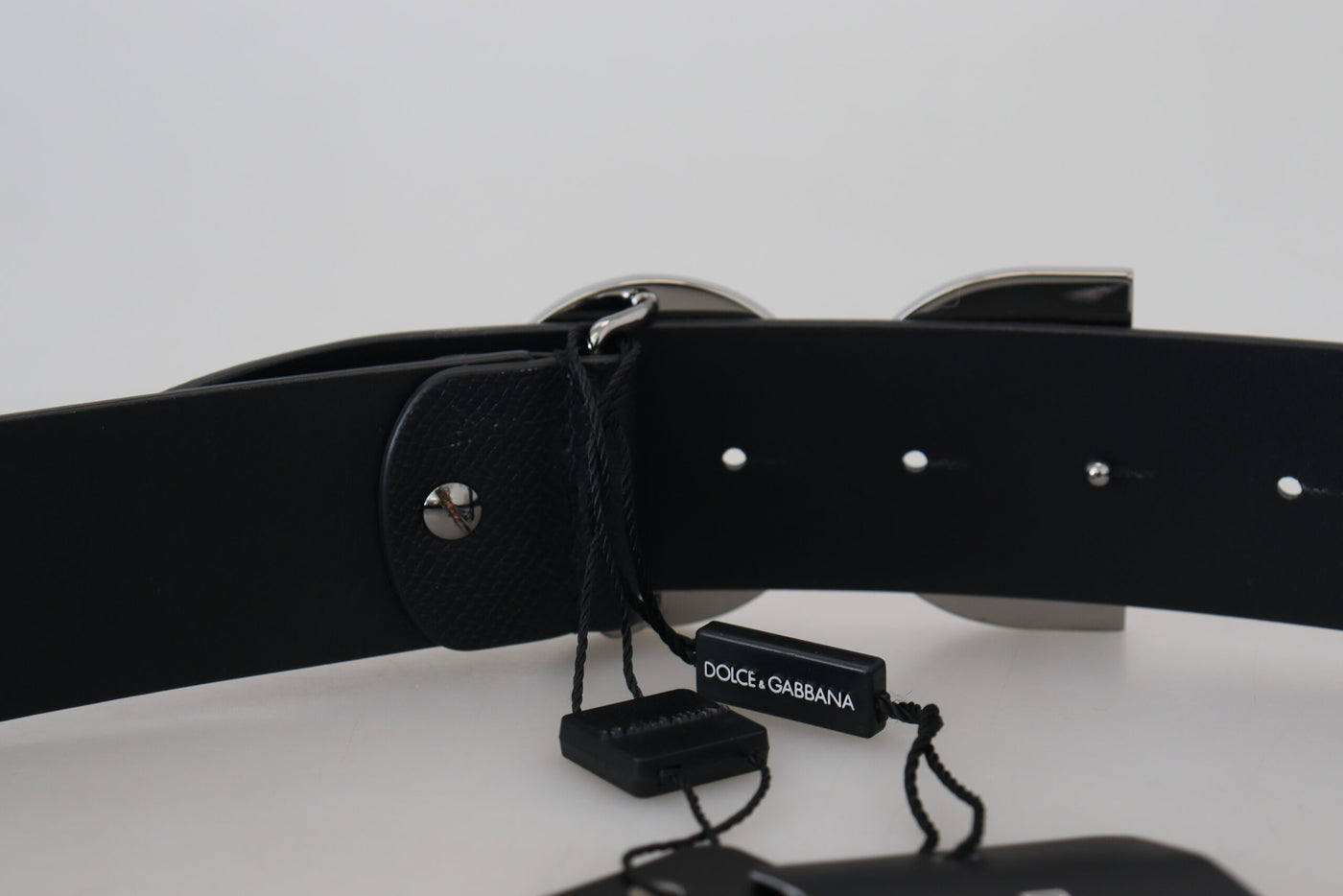 Black Leather Silver Logo Metal Buckle Belt