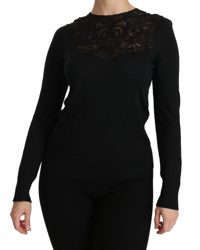 Black Silk Lace Crew Neck Long Sleeve Blouse