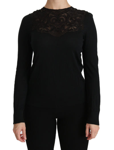 Black Silk Lace Crew Neck Long Sleeve Blouse