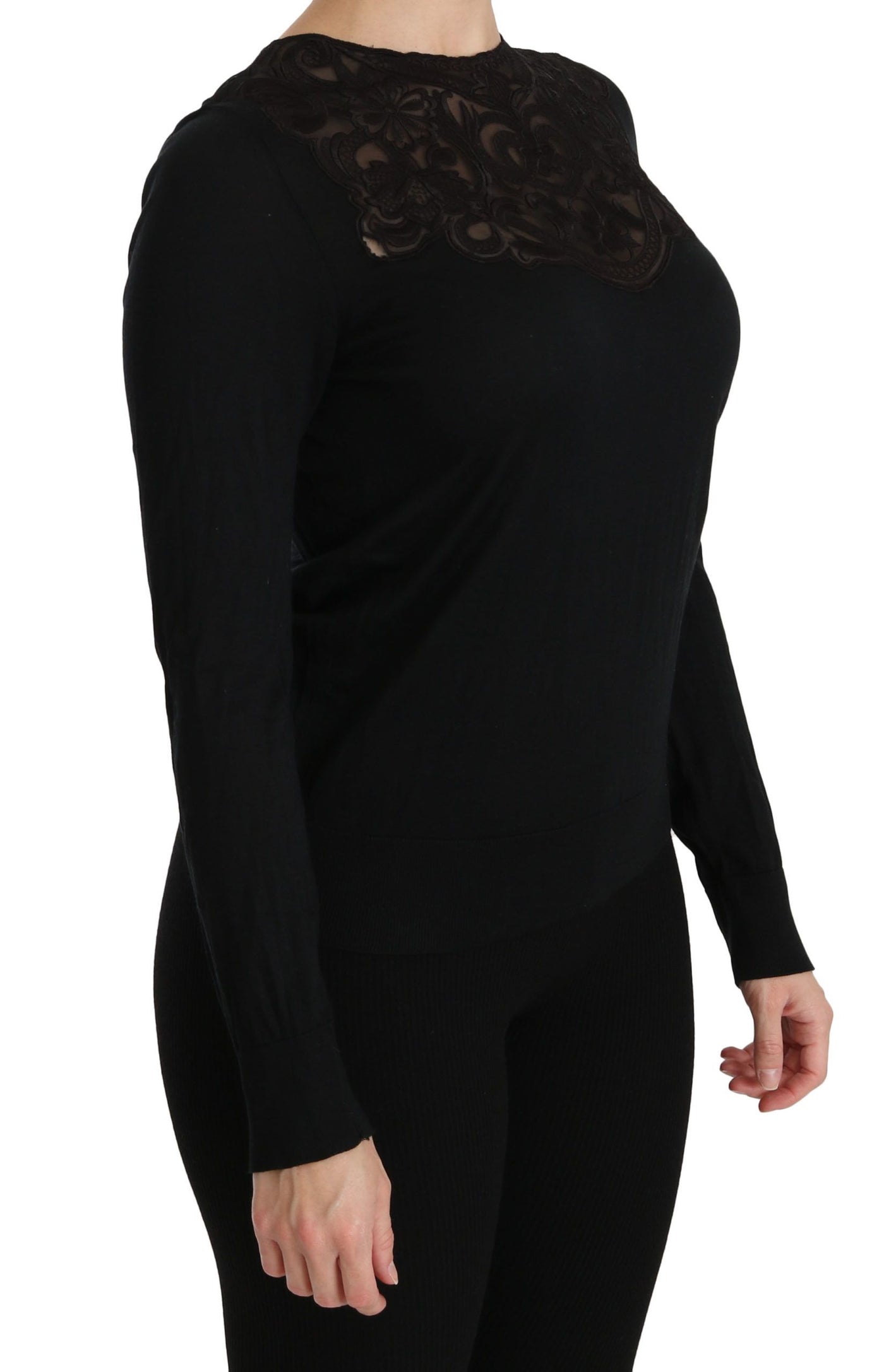 Black Silk Lace Crew Neck Long Sleeve Blouse