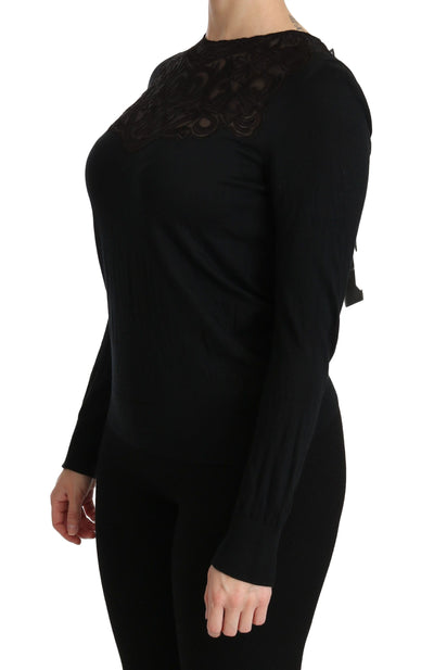 Black Silk Lace Crew Neck Long Sleeve Blouse