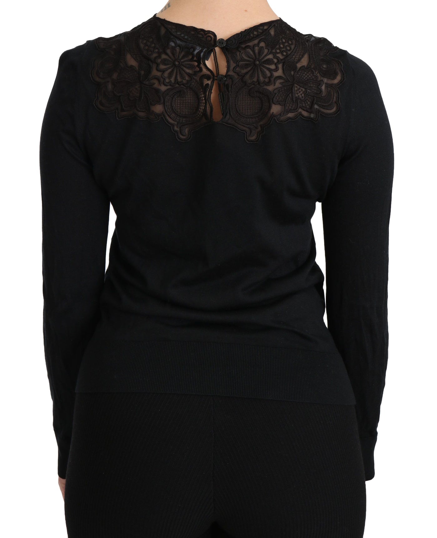 Black Silk Lace Crew Neck Long Sleeve Blouse