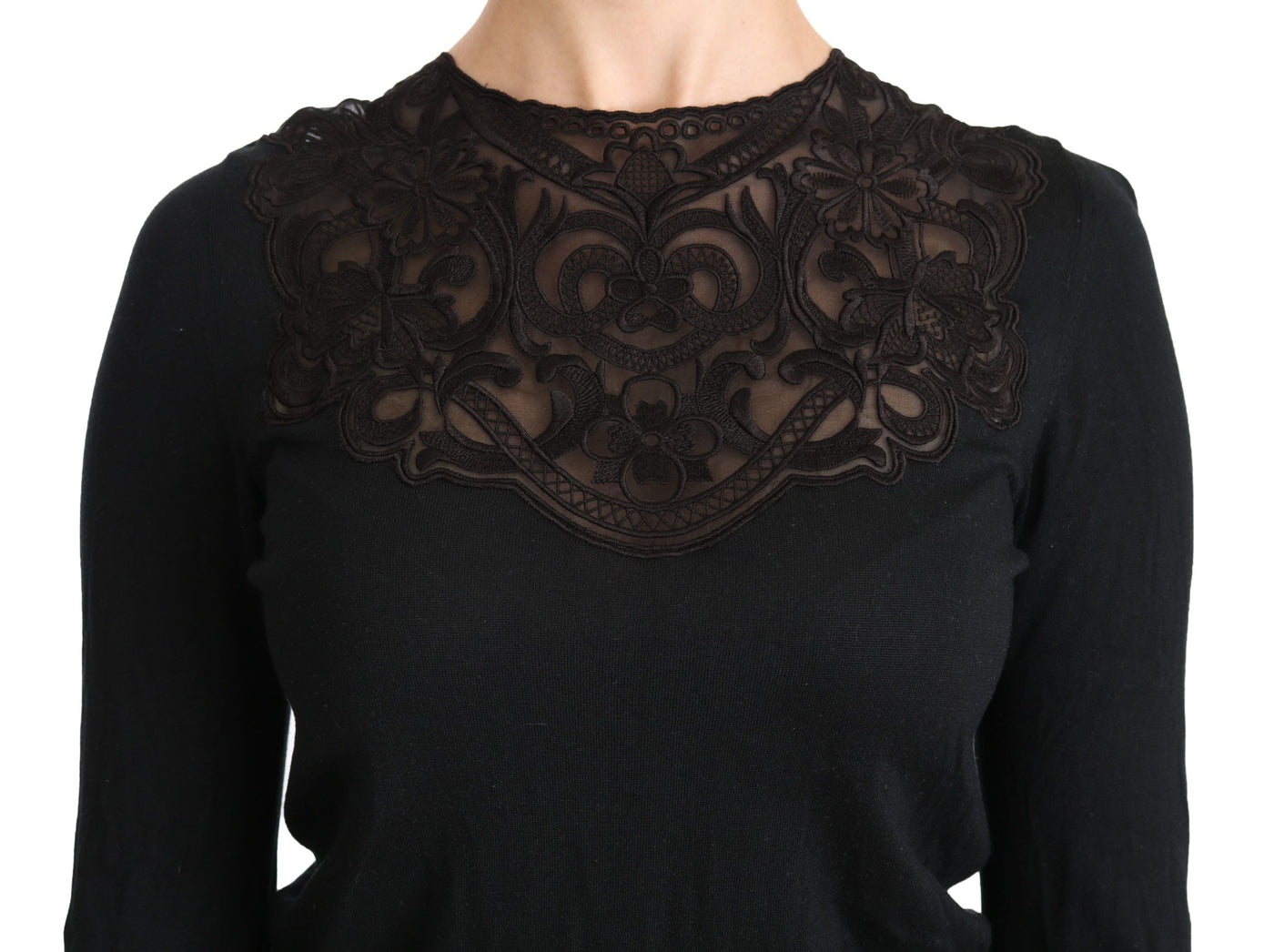 Black Silk Lace Crew Neck Long Sleeve Blouse