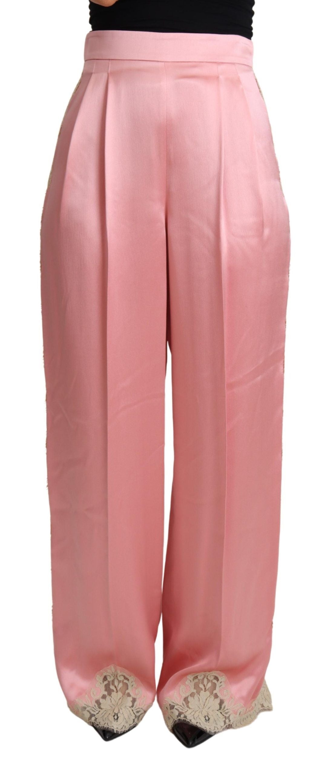 Pink Lace Trimmed Silk Satin Wide Legs Pants