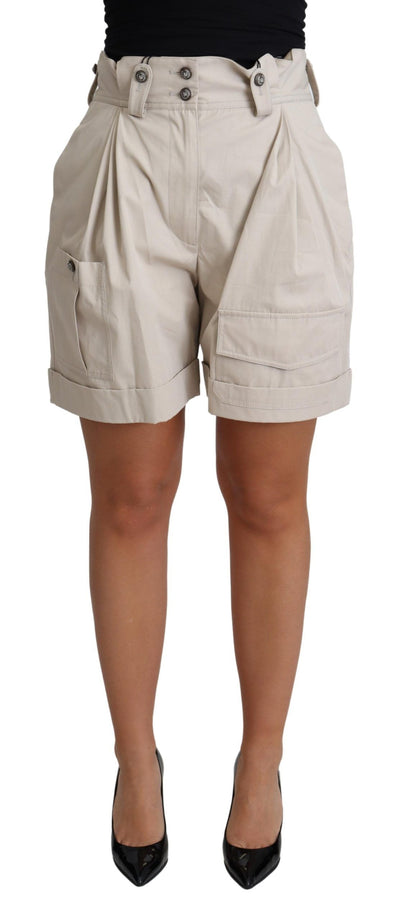 Beige Cotton Pleated High Waist Casual Shorts