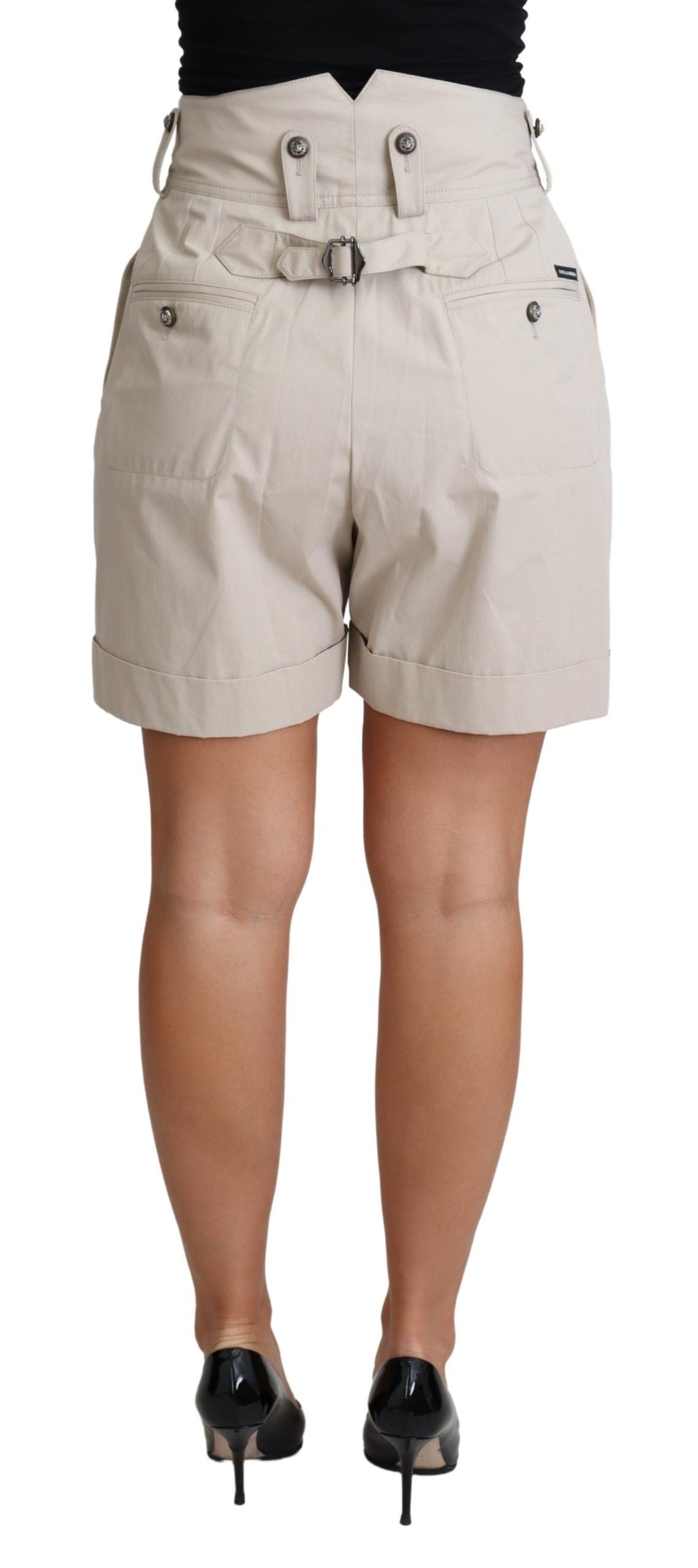 Beige Cotton Pleated High Waist Casual Shorts