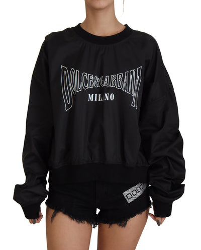 Black Nylon Crewneck Pullover Logo Sweater