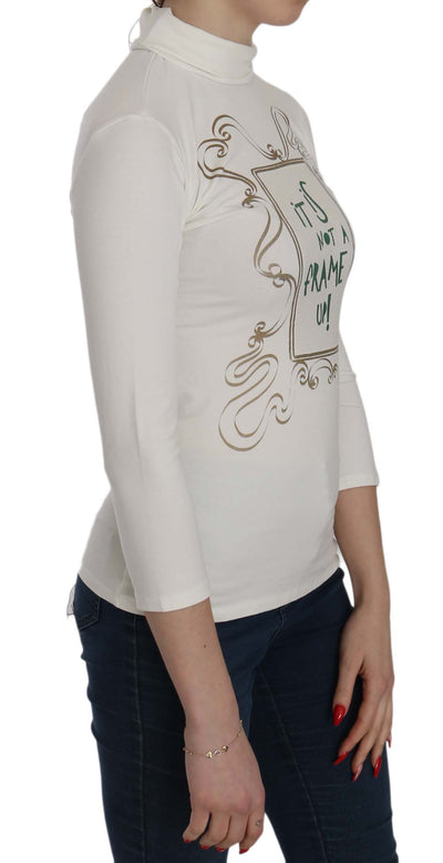 White Printed Turtle Neck 3/4 Sleeve Top Cotton Blouse