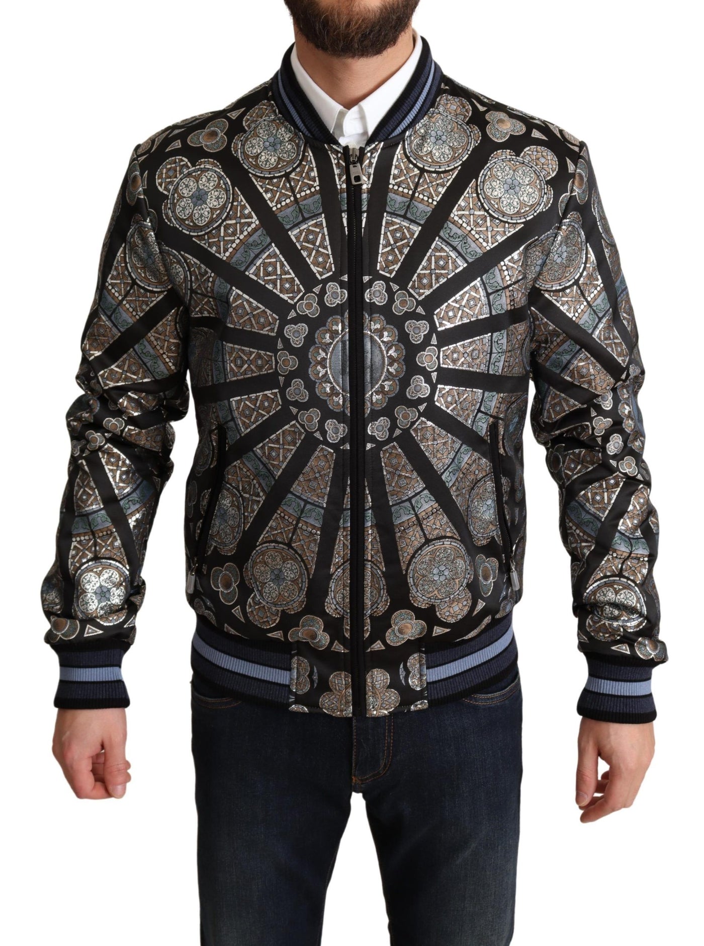 Blue Jacquard Motive Bomber Coat Mens Jacket