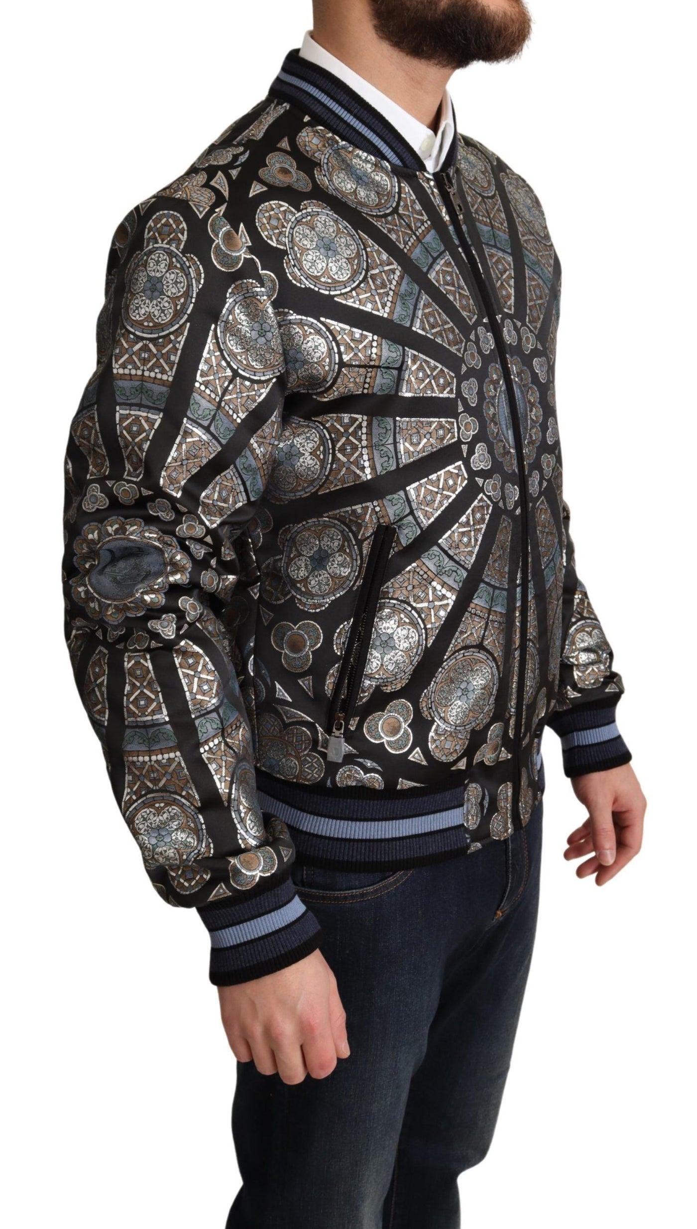 Blue Jacquard Motive Bomber Coat Mens Jacket