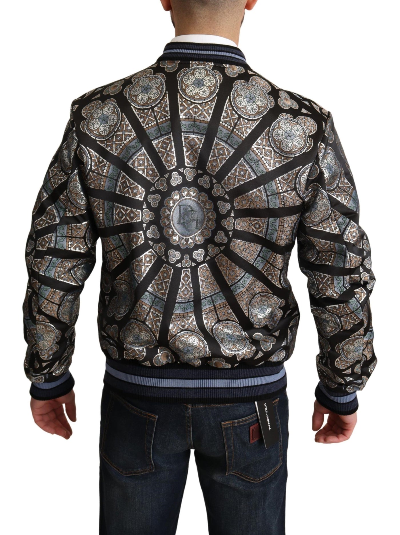 Blue Jacquard Motive Bomber Coat Mens Jacket