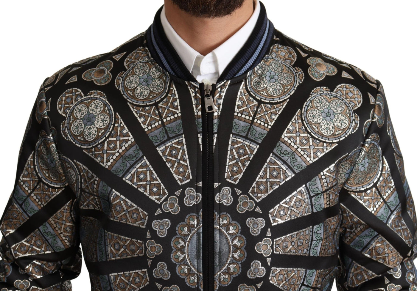 Blue Jacquard Motive Bomber Coat Mens Jacket