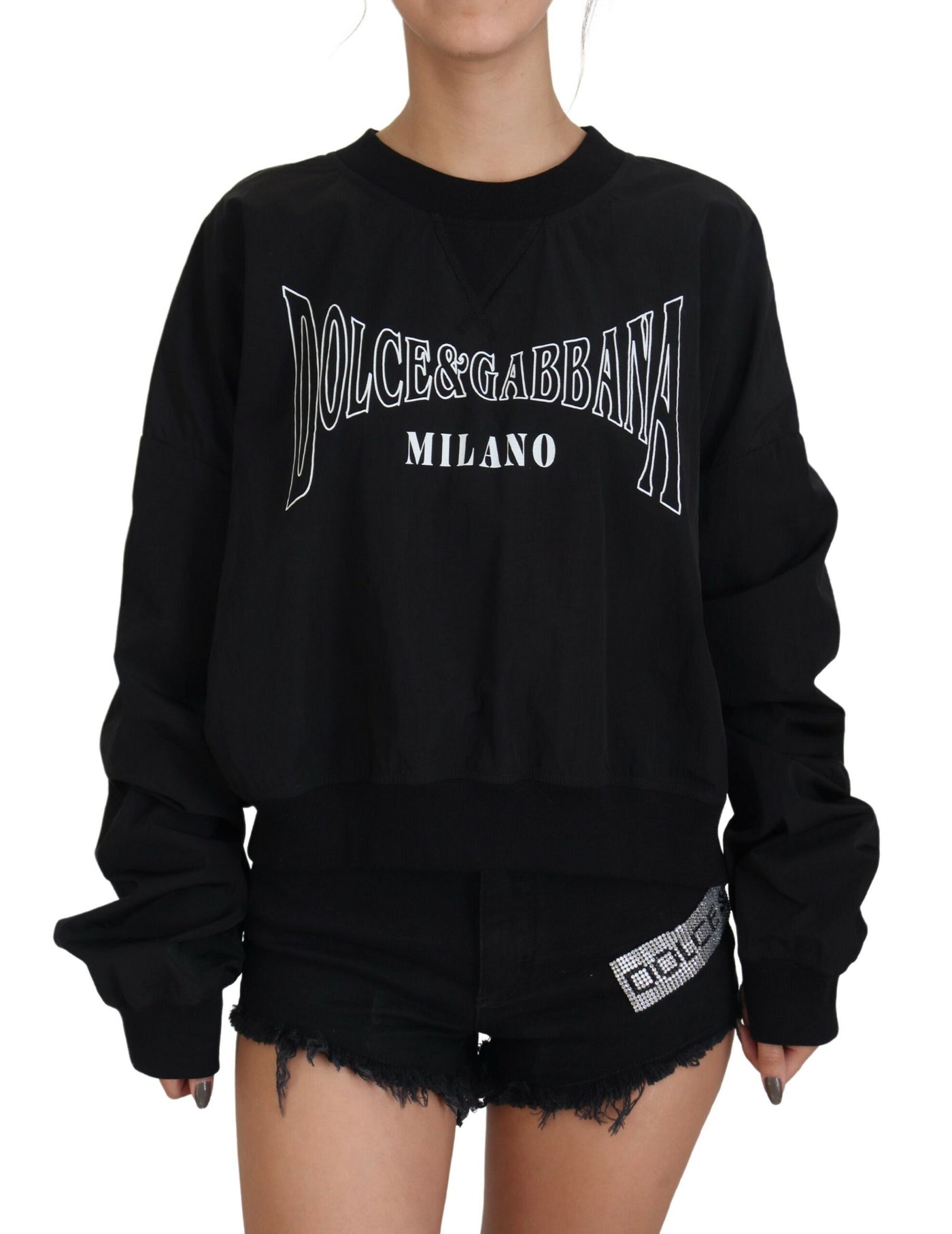 Black Nylon Crewneck Pullover Logo Sweater