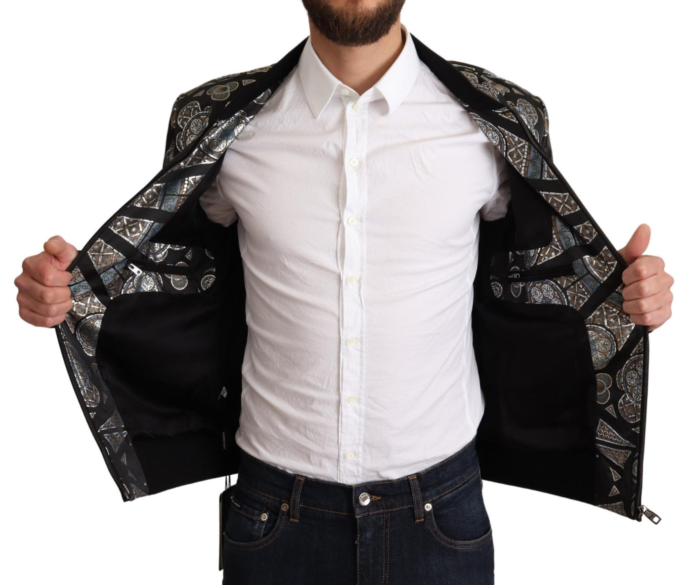 Blue Jacquard Motive Bomber Coat Mens Jacket