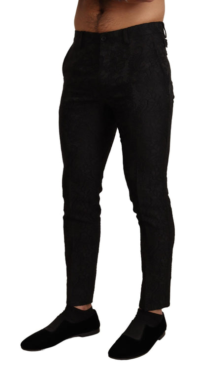 Black Floral Brocade Slim Trouser Pants