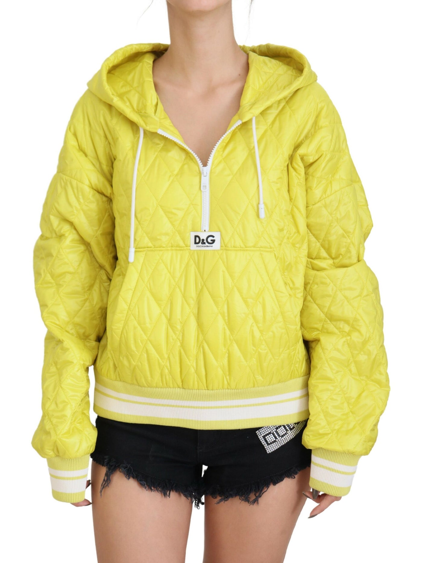 Yellow Nylon Quilted Hooded Pullover Jacket