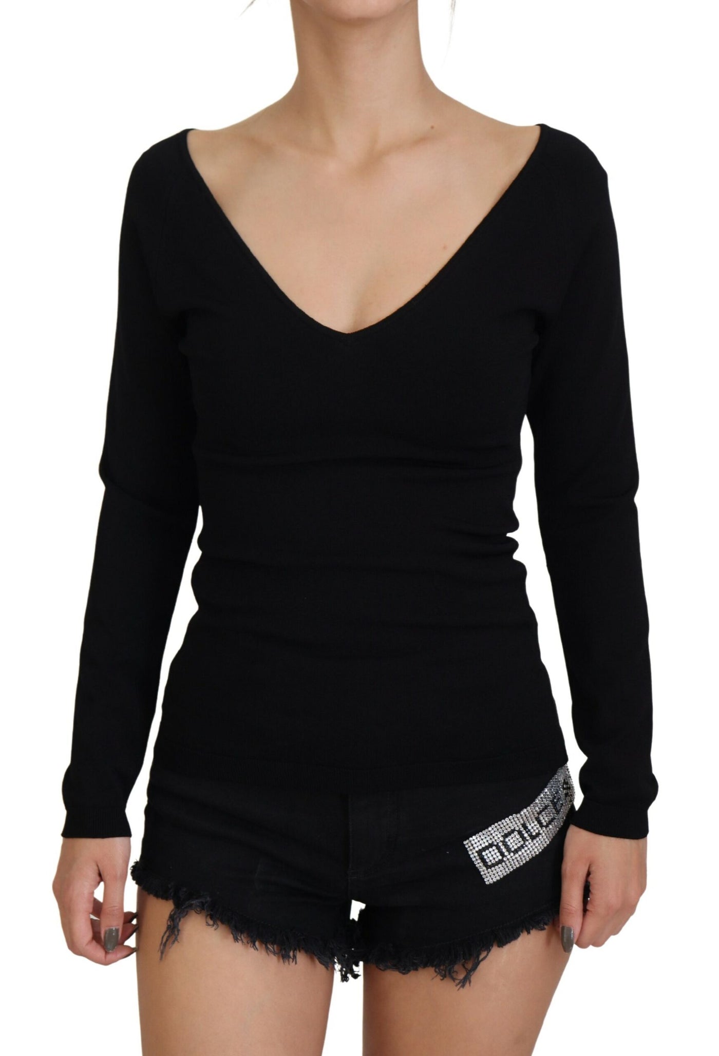 Black Viscose Deep V-neck Pullover Sweater