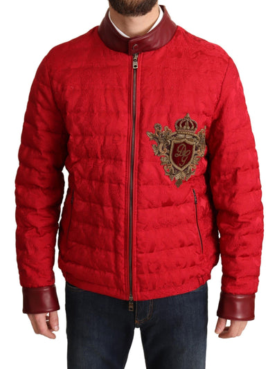 Red Brocade Bomber Gold Crown Logo Coat Jacket